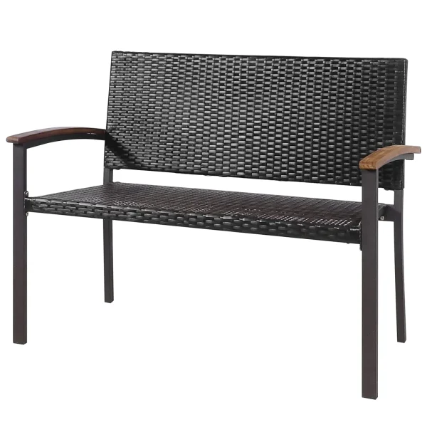 Tangkula Outdoor Stackable Bench, All-Weather PE Wicker Loveseat with Acacia Wood Armrests