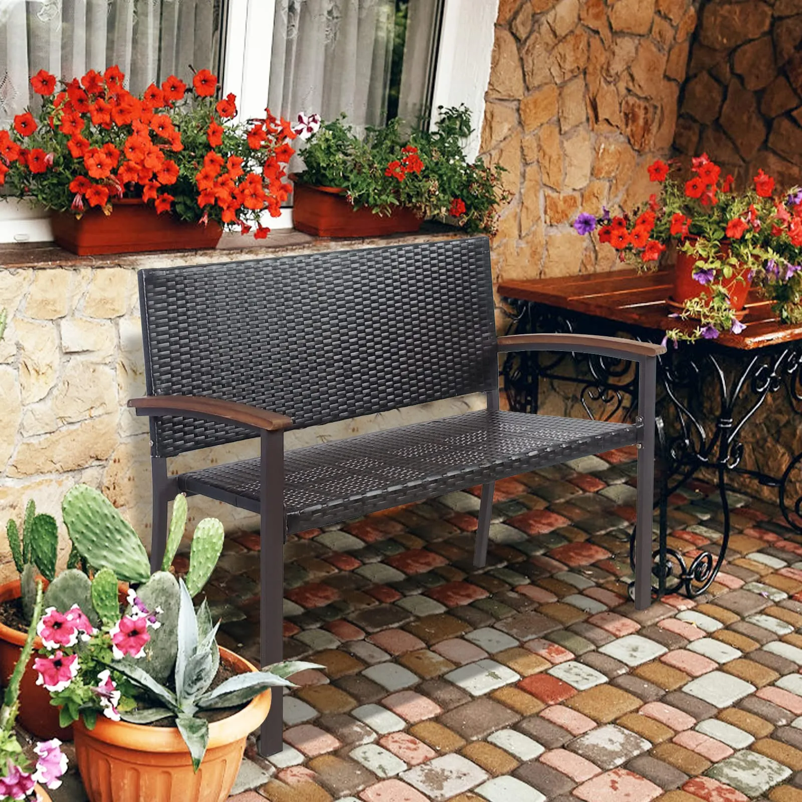 0cTangkula-Outdoor-Stackable-Bench-All-Weather-PE-Wicker-Loveseat-with-Acacia-Wood-Armrests_1