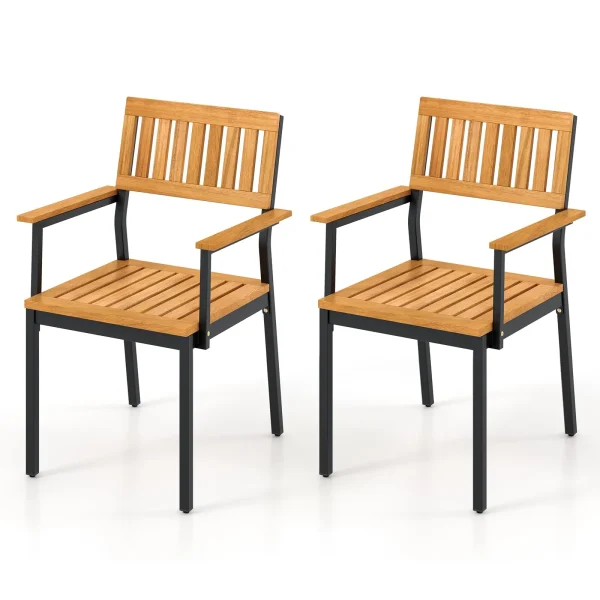 Tangkula Patio Dining Chair Set, Outdoor Chairs w/Metal and Acacia Wood Frame, Armrests