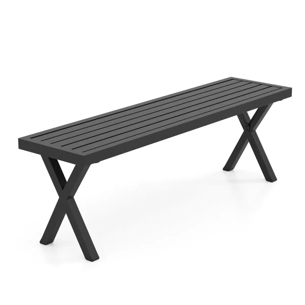 Tangkula Patio Metal Bench, Heavy-Duty 2-Person Bench w/Slatted Seat & X Legs