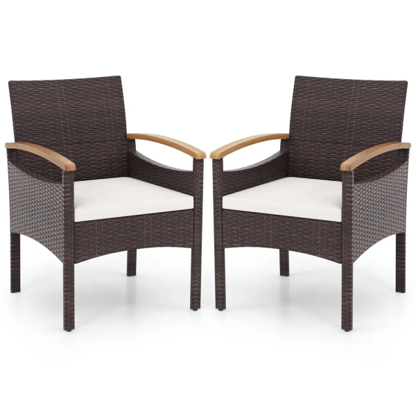 Tangkula Patio Dining Chairs Set, Outdoor Rattan Cushioned Chairs with Acacia Wood Armrest