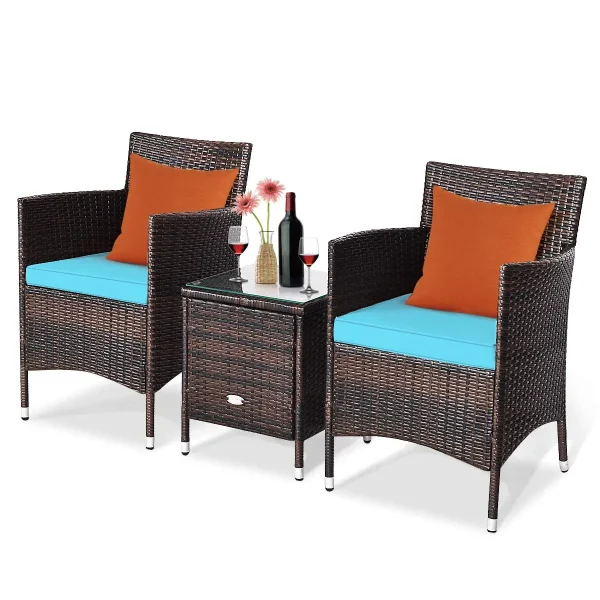 Tangkula Patio Furniture Set 3 Piece, Outdoor Wicker Rattan Conversation Set