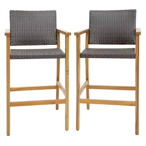 Tangkula Patio Rattan Bar Stool Set of 2, Outdoor PE Wicker Bar Chairs with Armrests