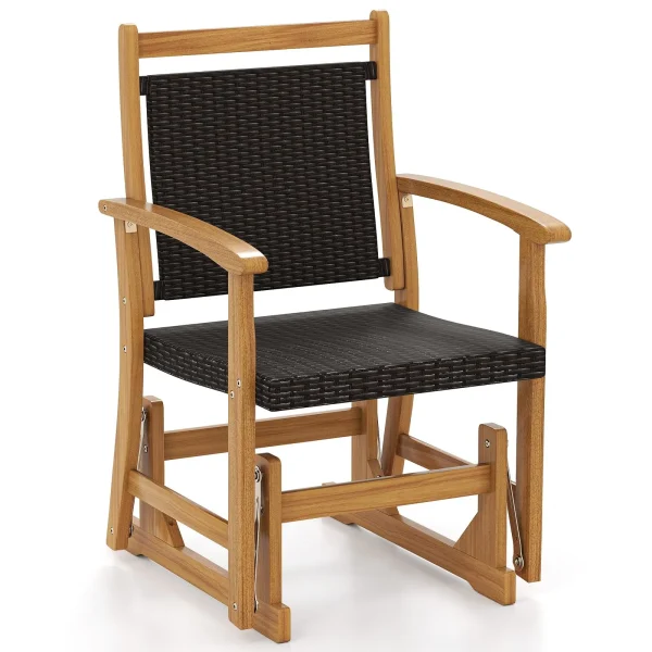 Tangkula Patio Rattan Glider Chair with Acacia Wood Frame & Wicker Seat Back