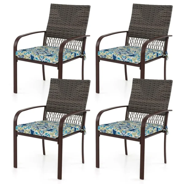 Tangkula Patio Rattan Chairs Set of 4, Outdoor Armchairs w/Wicker Back & Soft Cushions