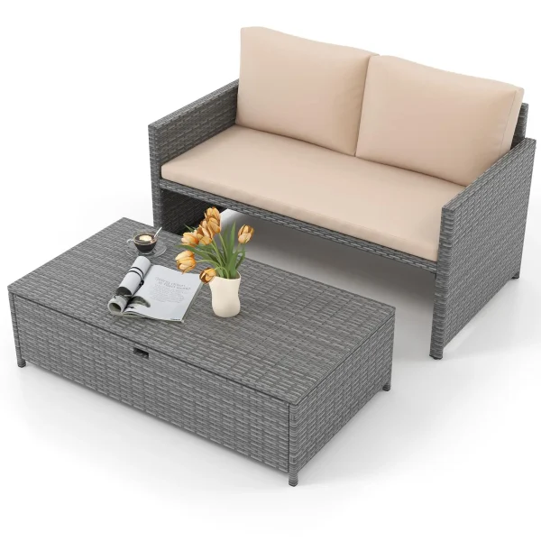 Tangkula Outdoor Rattan Daybed, Wicker Loveseat & 31 Gallon Storage Ottoman w/Soft Cushions