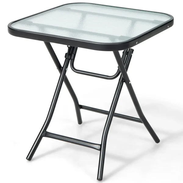 Tangkula Patio Bistro Table, 18" Square Glass Side Table with Rustproof Frame(Black)