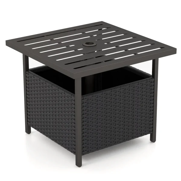 Tangkula Outdoor Table with Umbrella Hole, Rattan Umbrella Stand Table