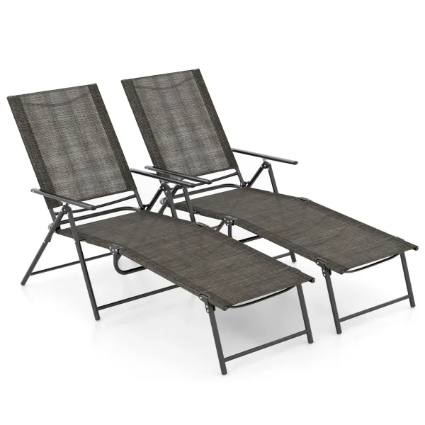 Tangkula Outdoor Lounge Chairs Set of 1/2, Patio Folding Chaise Recliner with 6-Level Backrest