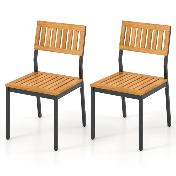 Tangkula Patio Dining Chair Set of 2/4, Outdoor Armless Chairs w/Metal and Acacia Wood Frame